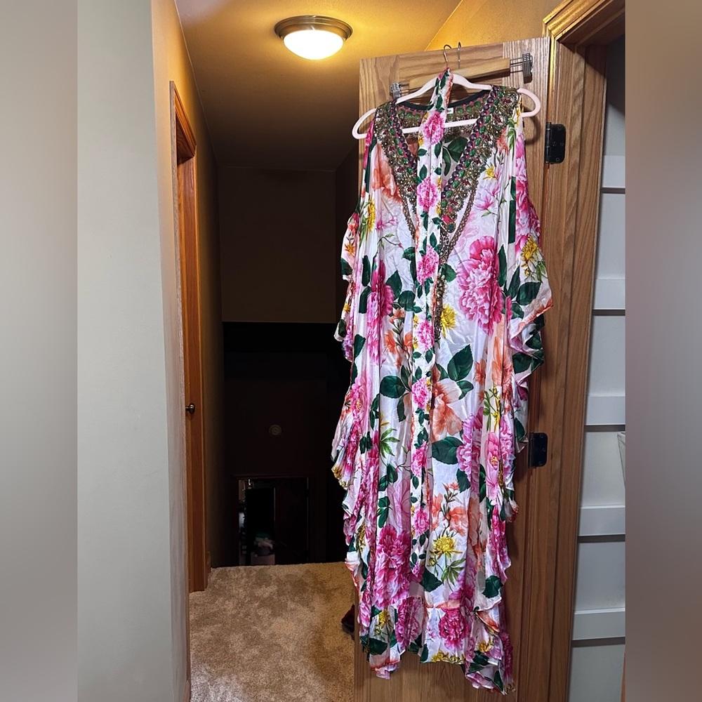 Bohemian Silk Floral Beach Dress Cover-up Tunic Kaftan One Size (S,M,L)